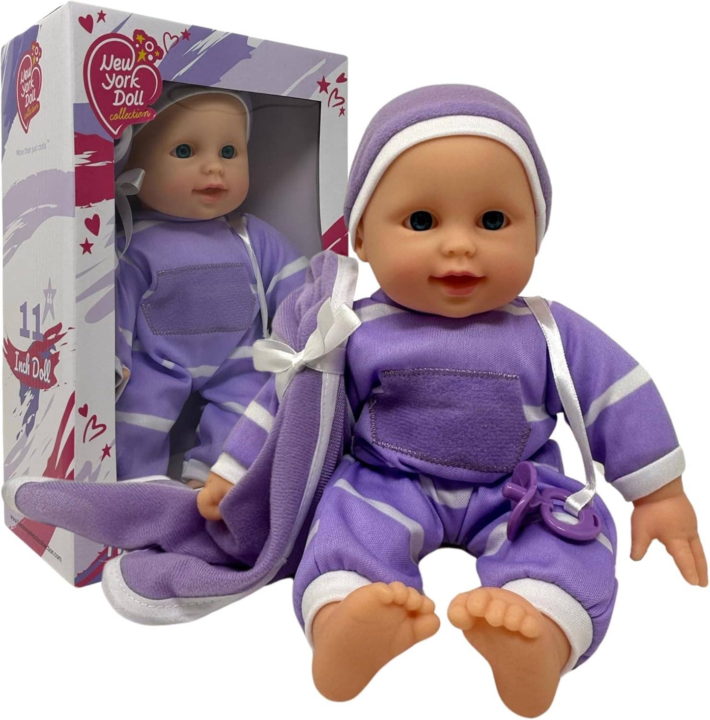 The New York Doll Collection 11" Doll Striped W/ Pacifier: Neon Purple Onesie Caucasian