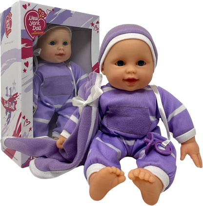 The New York Doll Collection 11" Doll Striped W/ Pacifier: Neon Purple Onesie Caucasian