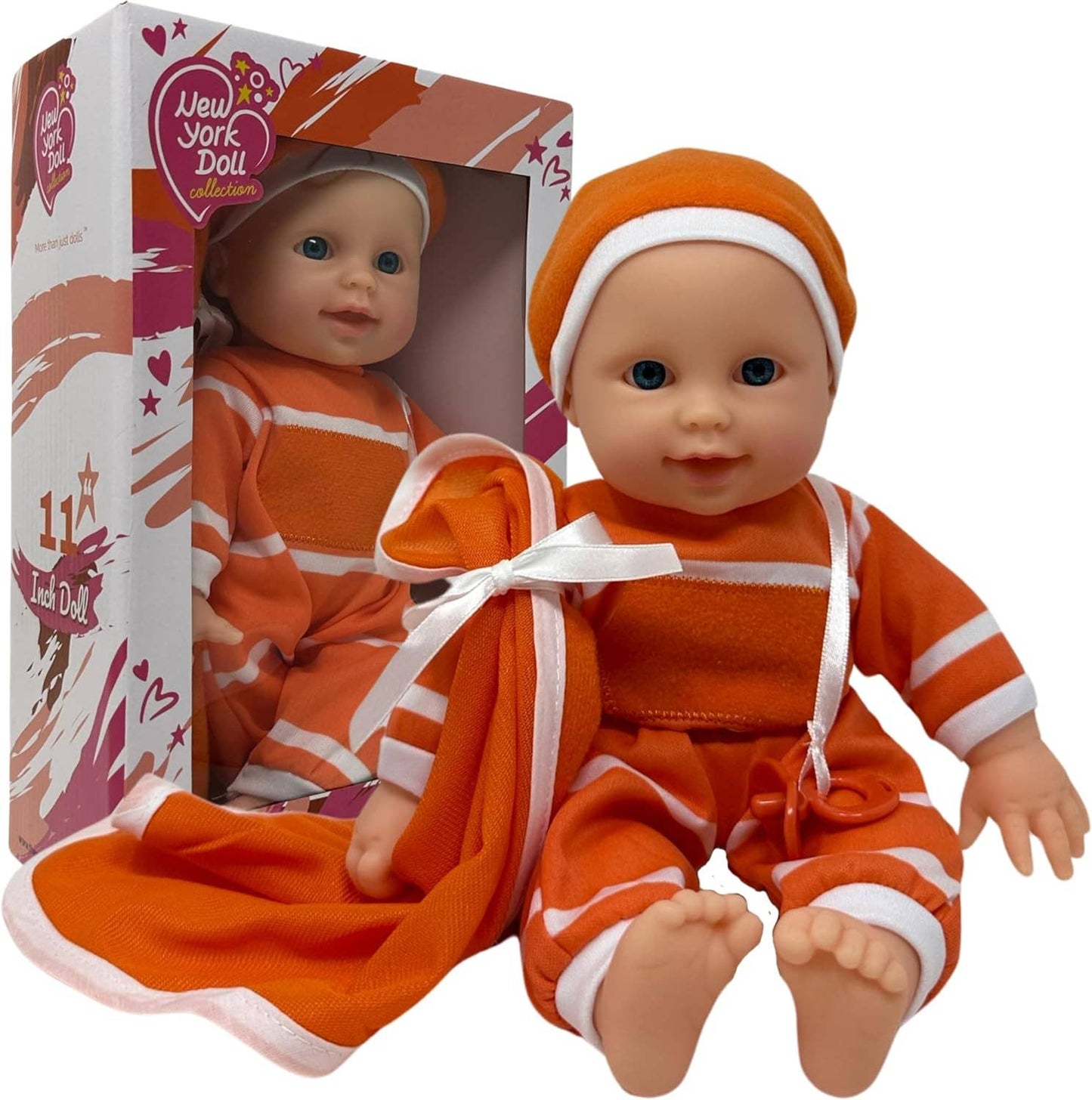 The New York Doll Collection 11" Doll Striped W/ Pacifier: Neon Purple Onesie Caucasian