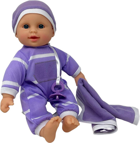 The New York Doll Collection 11" Doll Striped W/ Pacifier: Neon Purple Onesie Caucasian