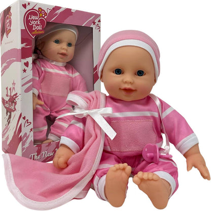 The New York Doll Collection 11" Doll Striped W/ Pacifier: Neon Purple Onesie Caucasian