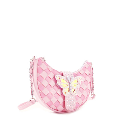 Woven Butterfly Pink Crescent Crossbody Bag