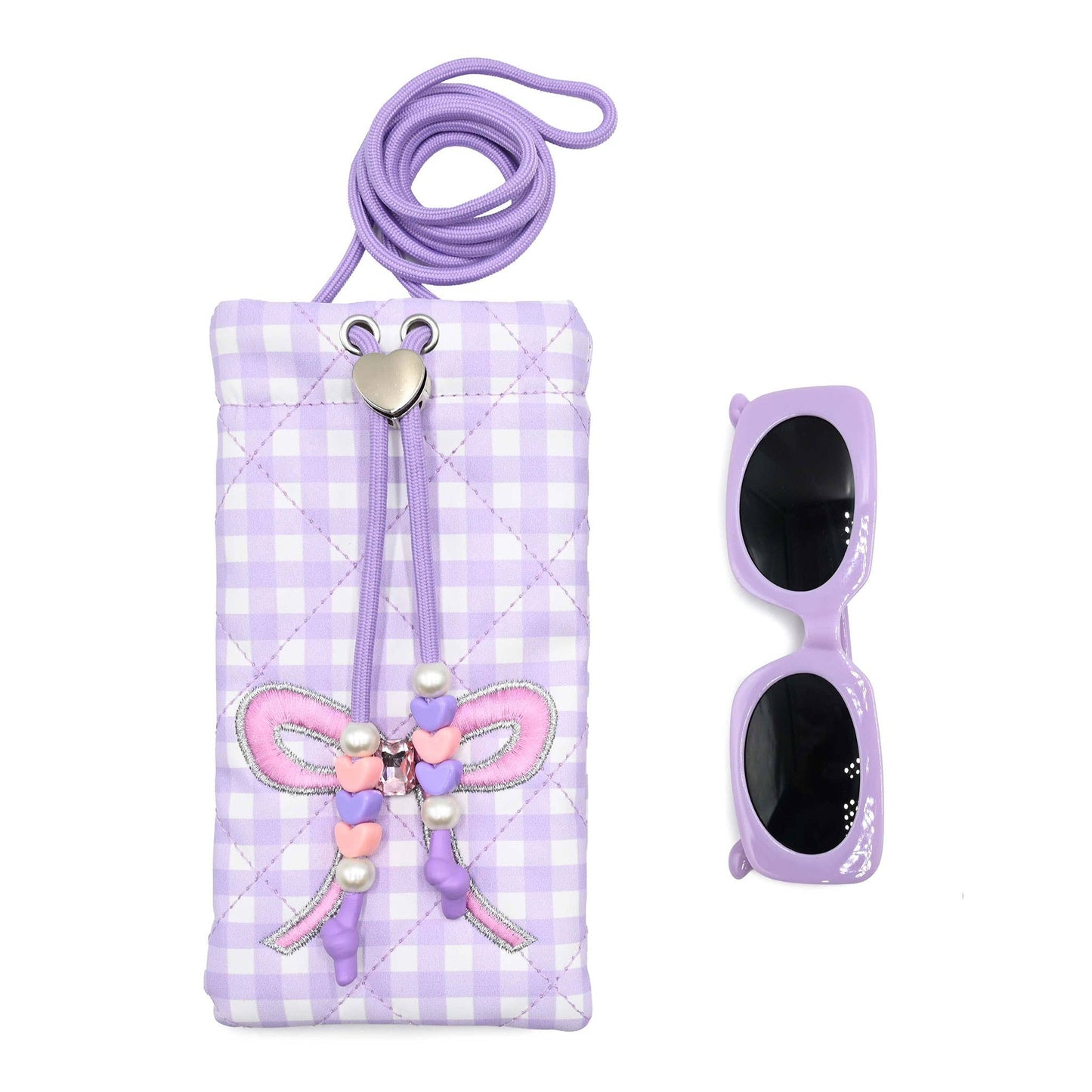 Bow Gingham Printed Drawstring Case and Sunglasses