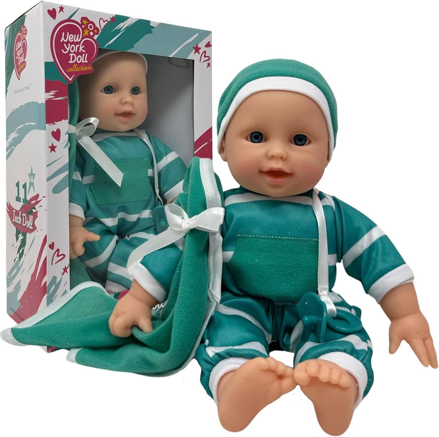 The New York Doll Collection 11" Doll Striped W/ Pacifier: Neon Purple Onesie Caucasian
