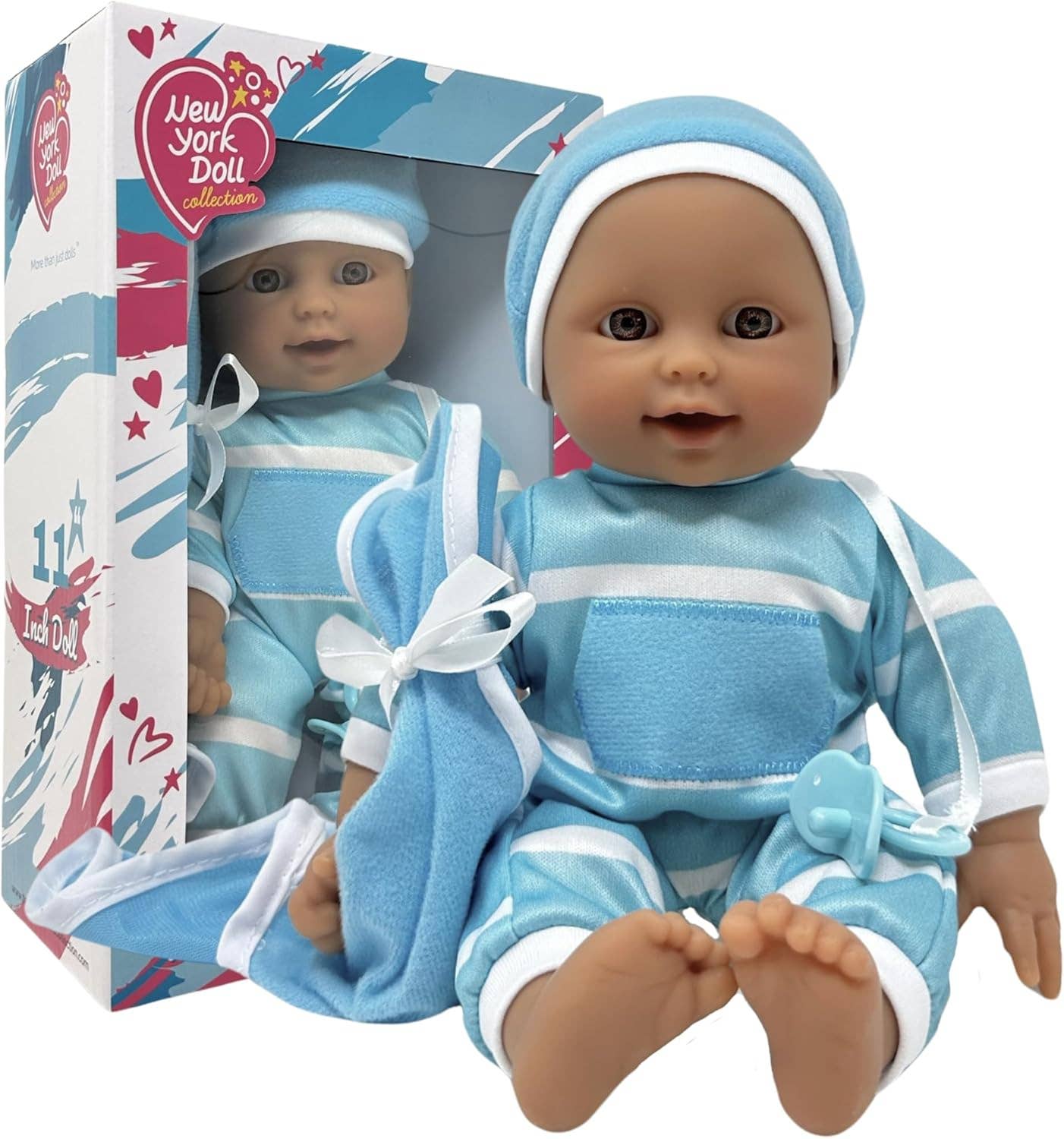 The New York Doll Collection 11" Doll Striped W/ Pacifier: Neon Purple Onesie Caucasian