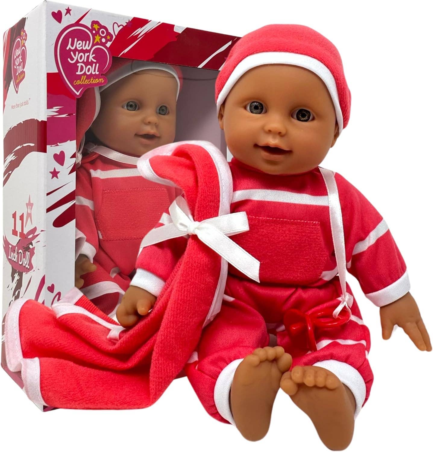 The New York Doll Collection 11" Doll Striped W/ Pacifier: Neon Purple Onesie Caucasian