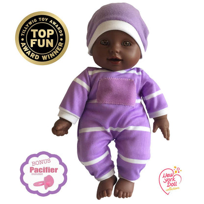 The New York Doll Collection 11" Doll Striped W/ Pacifier: Neon Purple Onesie Caucasian