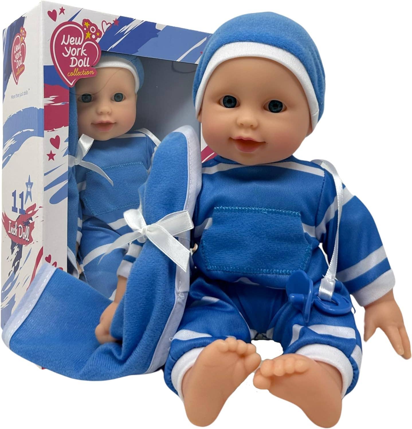 The New York Doll Collection 11" Doll Striped W/ Pacifier: Neon Purple Onesie Caucasian