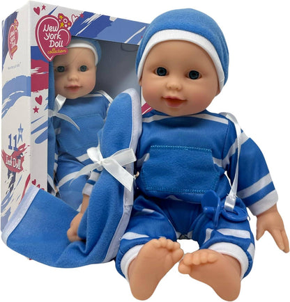 The New York Doll Collection 11" Doll Striped W/ Pacifier: Neon Purple Onesie Caucasian