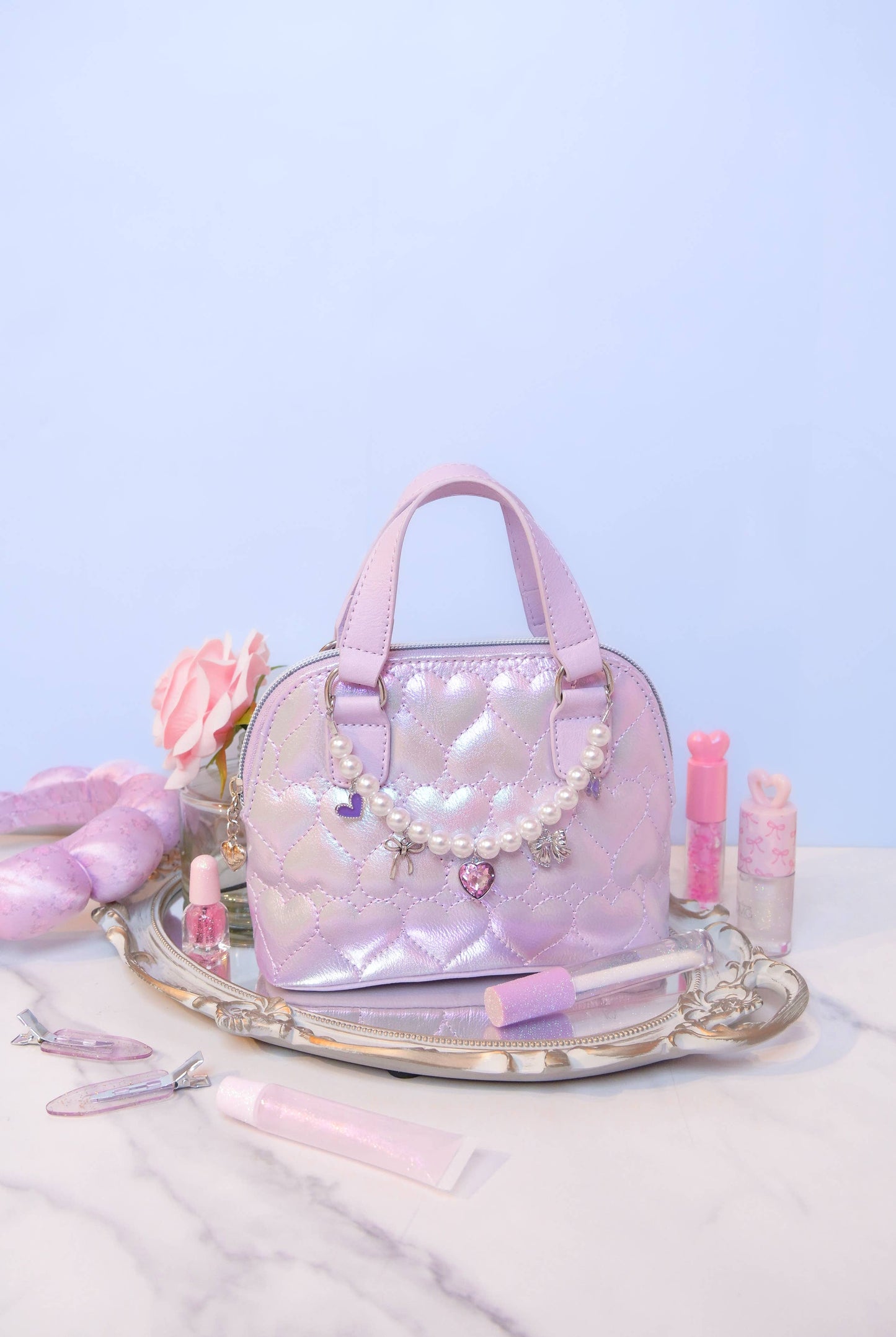 Quilted Hearts Metallic Mini Satchel Crossbody Bag