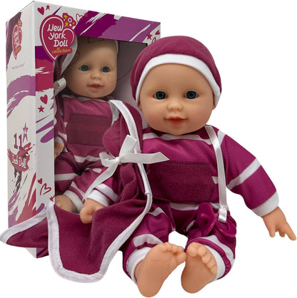 The New York Doll Collection 11" Doll Striped W/ Pacifier: Neon Purple Onesie Caucasian
